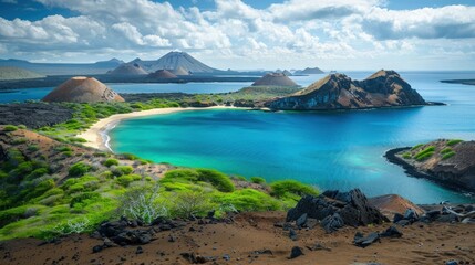 Overhead perspective of an idyllic volcanic island bay featuring clear blue water, a sandy crescent beach, and surrounding vibrant green tropical foliage.