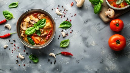 Chicken soup with mushrooms spicy peppers and basil seen from above Empty space available