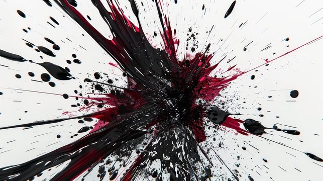 Dynamic explosion of black and red ink on white canvas. Intense central burst radiates outward in chaotic tendrils and splatters. Dominant black ink intertwines with vibrant crimson accents. Fluid for