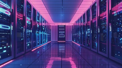 Fototapeta premium A futuristic data center with rows of servers and neon lights. The servers are glowing with blue and pink lights.