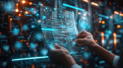 Futuristic Holographic Interface in Action - Hands Interacting with Digital Data Display in a High-Tech Environment