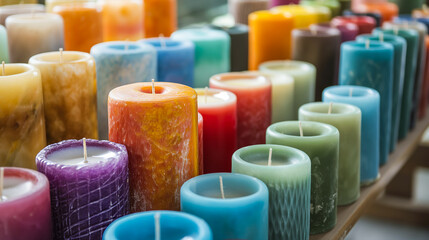 Variety of handcrafted candles flaunting diverse colors and complex surfaces showcased pleasingly.