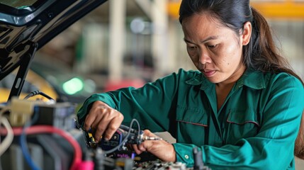 A woman using a diagnostic tool to troubleshoot and repair a car's electrical system, demonstrating technical proficiency with minimalist style 