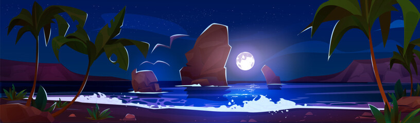 Night sea or ocean tropical lagoon with palm trees on sand beach. Dusk landscape with water surface, rock mountains, dark blue sky with full moon. Cartoon vector tropic coastline under moonlight. © klyaksun