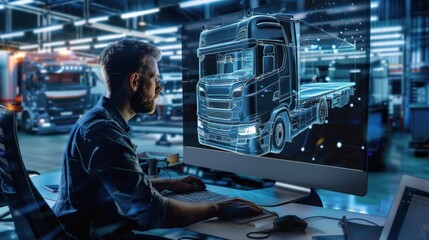 An engineer using advanced software to simulate and test a truck concept, against a blank background perfect for adding custom messages or logo