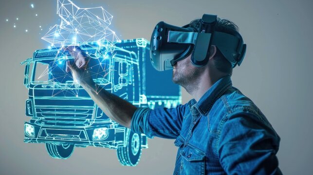 An engineer utilizing virtual reality technology to visualize and refine a truck concept, against a simple background perfect for adding text or logos 