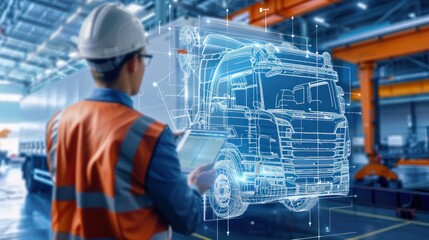 An engineer showcasing a cutting-edge truck concept blueprint, with room around for adding custom text or graphics