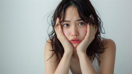 Naklejka premium Beautiful Japanese woman sitting covering her ears while scared, Ai Generated Images