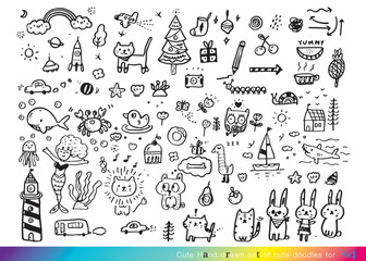 Collection of hand drawn cute doodles,Doodle children drawing,Sketch set of drawings in child style,Funny Doodle Hand Drawn,Page for coloring, cute animal hand drawn, cute Doodle