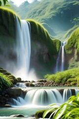 Beautiful waterfall surrounded by bright green tea plantations