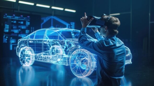An engineer using virtual reality technology to visualize and refine a car concept, against a simple background perfect for adding text or logos
