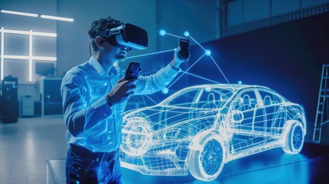 An engineer using virtual reality technology to visualize and refine a car concept, against a simple background perfect for adding text or logos