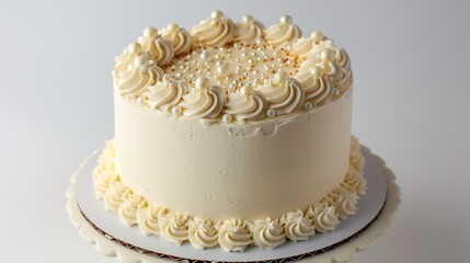 A classic vanilla sponge cake with delicate buttercream frosting, decorated with piped rosettes and edible pearls, showcased against a clean white backdrop.