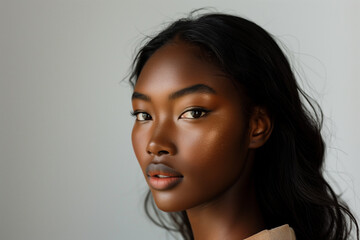 A photograph of a mixed-race woman with Korean and African heritage, relaxed pose, straight-on angle, half-body shot. White background.