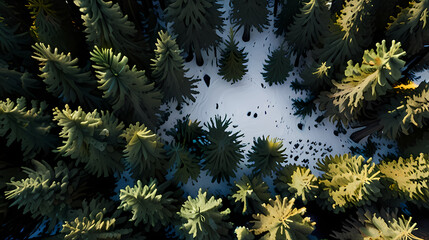 Aerial perspective of a coniferous forest, with tall evergreens creating a dense, dark green canop