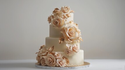 A romantic rose-themed cake with delicate buttercream roses and edible gold leaf accents, creating a stunning focal point against a pristine white background.