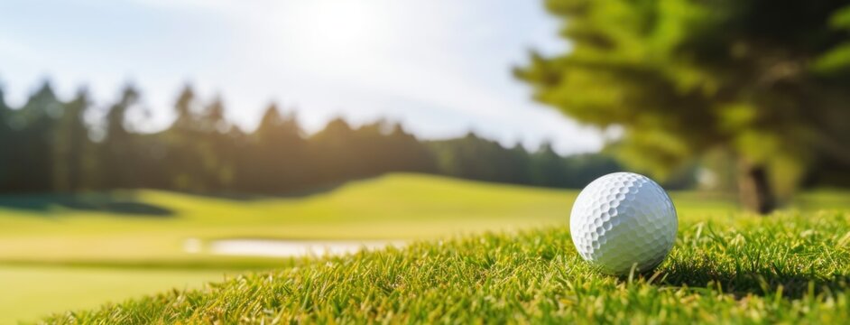 Green grass with golf ball close-up in soft focus at sunlight. Golf playground for golf concept. Olympic game 2024 in Paris.