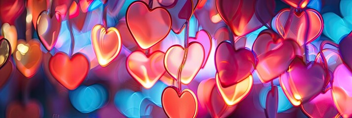 Neon elegant heart. A glowing banner with shiny hearts for Valentine's Day as a template for greeting cards, invitations, and advertisements. Festive background.