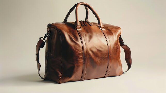 A stylish leather weekender bag with a zippered closure and sturdy handles, showcased against a white backdrop, evoking a sense of sophistication and wanderlust.