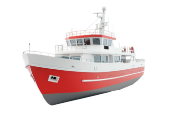 Red and white fishing boat on transparent background.