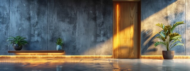  A few potted plants sit near a wooden door, with light illuminating the scene from above