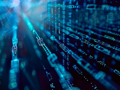 A dynamic digital artwork visualizing data transmission and encryption, with binary code streams pulsating across interconnected nodes and pathways, depicting a vibrant digital ecosystem