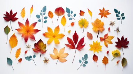 background of colorful wildflowers, fall leave on a white background
