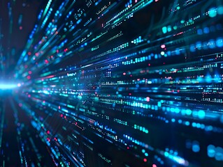 A dynamic digital artwork visualizing data transmission and encryption, with binary code streams pulsating across interconnected nodes and pathways, depicting a vibrant digital ecosystem