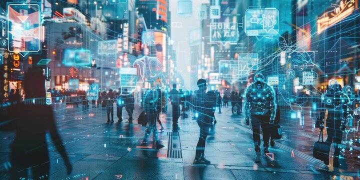 A futuristic cityscape where humans and AI robots interact harmoniously in everyday life. Advanced holographic interfaces and seamless technological integration create a vibrant, interconnected