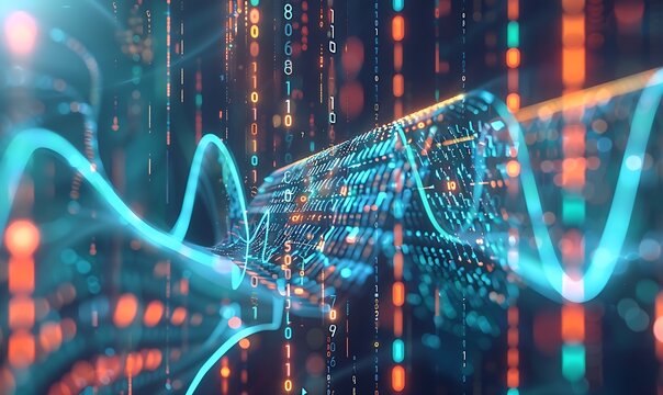 A dynamic digital artwork visualizing data transmission and encryption, with binary code streams pulsating across interconnected nodes and pathways, depicting a vibrant digital ecosystem