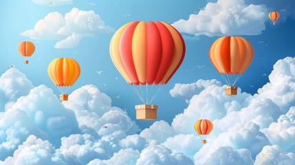 Realistic delivery service scene with parachute and box, in the sky with clouds