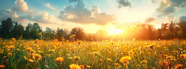  A field filled with yellow flowers under a sky of sun and clouds, casting light through tree-studded background