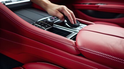Obraz premium Hand Cleaning Luxurious Car Interior: A Glimpse of Car Maintenance and Care with Red Leather Seats and Modern Dashboard