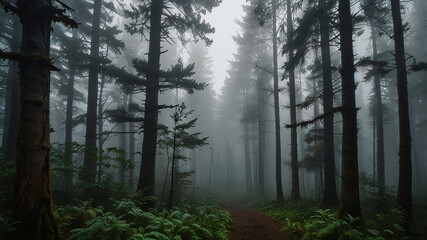 Obraz premium Serene Path Through a Misty Evergreen Forest