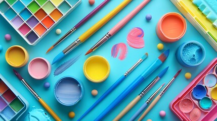 A vibrant and playful advertisement for a new line of art supplies, featuring artists creating colorful and imaginative works, with close-ups of the supplies in use