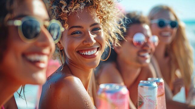 A refreshing advertisement for a new line of flavored sparkling water, featuring people enjoying the drinks at a beach party, with close-ups of the cans and the refreshing bubbles