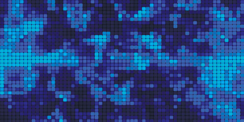 Blue mosaic background in technology concept. Abstract multicolored LED squares. Technology digital square blue color background. Bright pixel grid background. Vector background