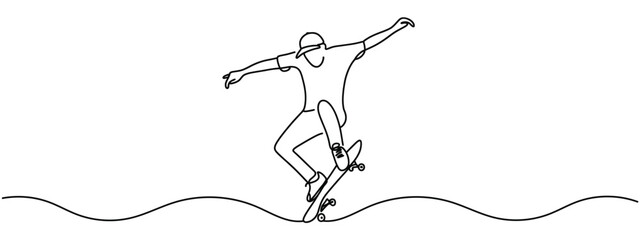 Continuous line drawing of man playing skateboard. Skateboard game player one line drawing.