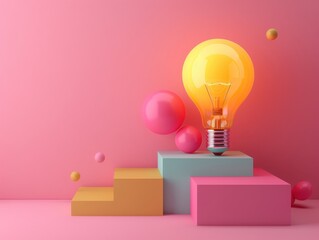 Creative abstract composition with colorful geometric shapes and a glowing light bulb on a pink background. Modern minimalistic design.