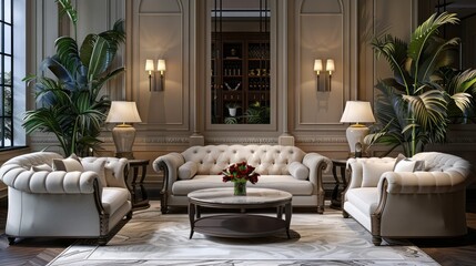 guest room with sofas, lamps, potted ornamental plants, tables