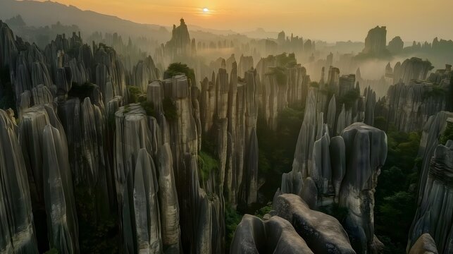 1. Explore the ancient wonder of Stone Forest, China, where towering limestone pillars create a mesmerizing landscape that resembles a forest sculpted from stone over millennia.