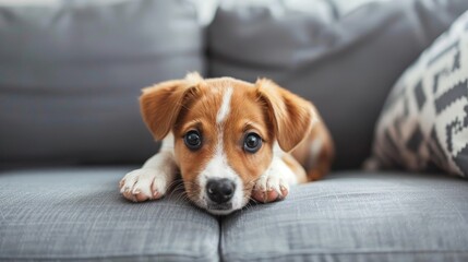 Cute mixed breed puppy relaxing on a grey sofa