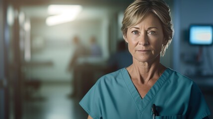 Fototapeta premium Portrait of mature female nurse working in hospital 