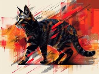 A playful vector cat, with exaggerated features and a mix of sharp and curved lines.