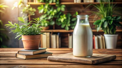 Rustic wooden table showcases a white milk bottle with lid on a warm wood surface, blurred greenery and books subtly fading into the background.