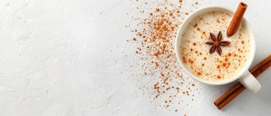 Top view of a cozy cup of spiced chai latte with cinnamon sticks and star anise on a white background with scattered spices.