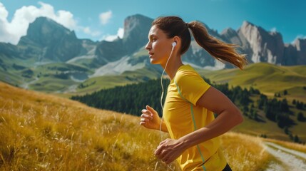 Naklejka premium An athletic woman jogging with earbuds against a scenic landscape, providing ample space for inspirational quotes or fitness-related messaging , 