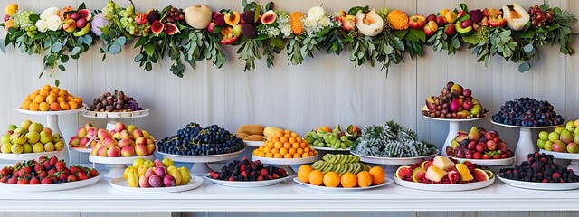  A table laden with various fruits and veggies adjacent to a floral and verdant wall