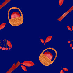 Seamless pattern with autumn leaves, berries, twigs and baskets on a blue background. Pattern for wrapping paper, home and seasonal textiles, curtains, tablecloths, kitchen and nursery decoration.