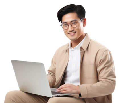 PNG Happy Asian man with laptop on her lap sitting computer glasses.